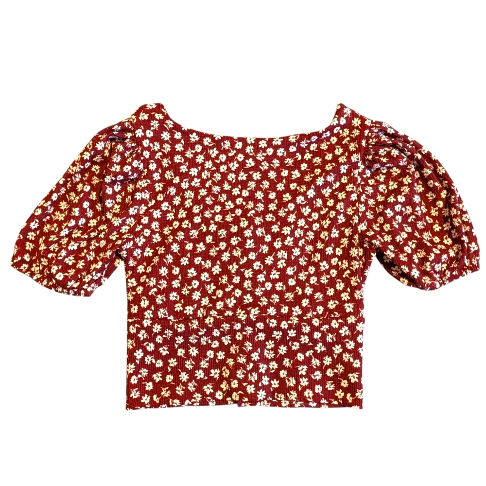 Free People Burgundy & White Ditsy Floral Crop Top Blouse | Size M | Boho Summer
